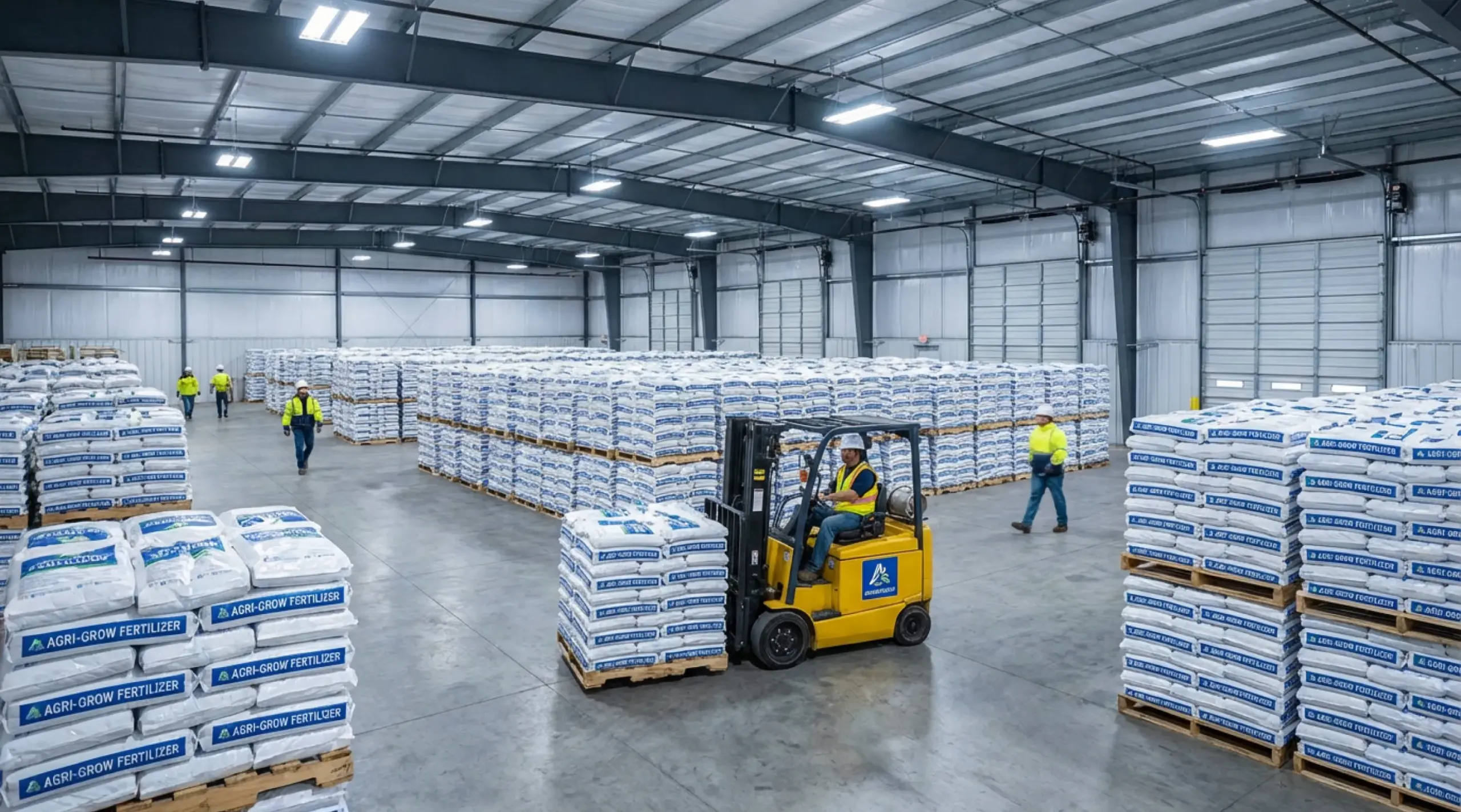 Armazém logístico com movimentação de cargas em pallets e empilhadeira operando na gestão de estoque_1_5x