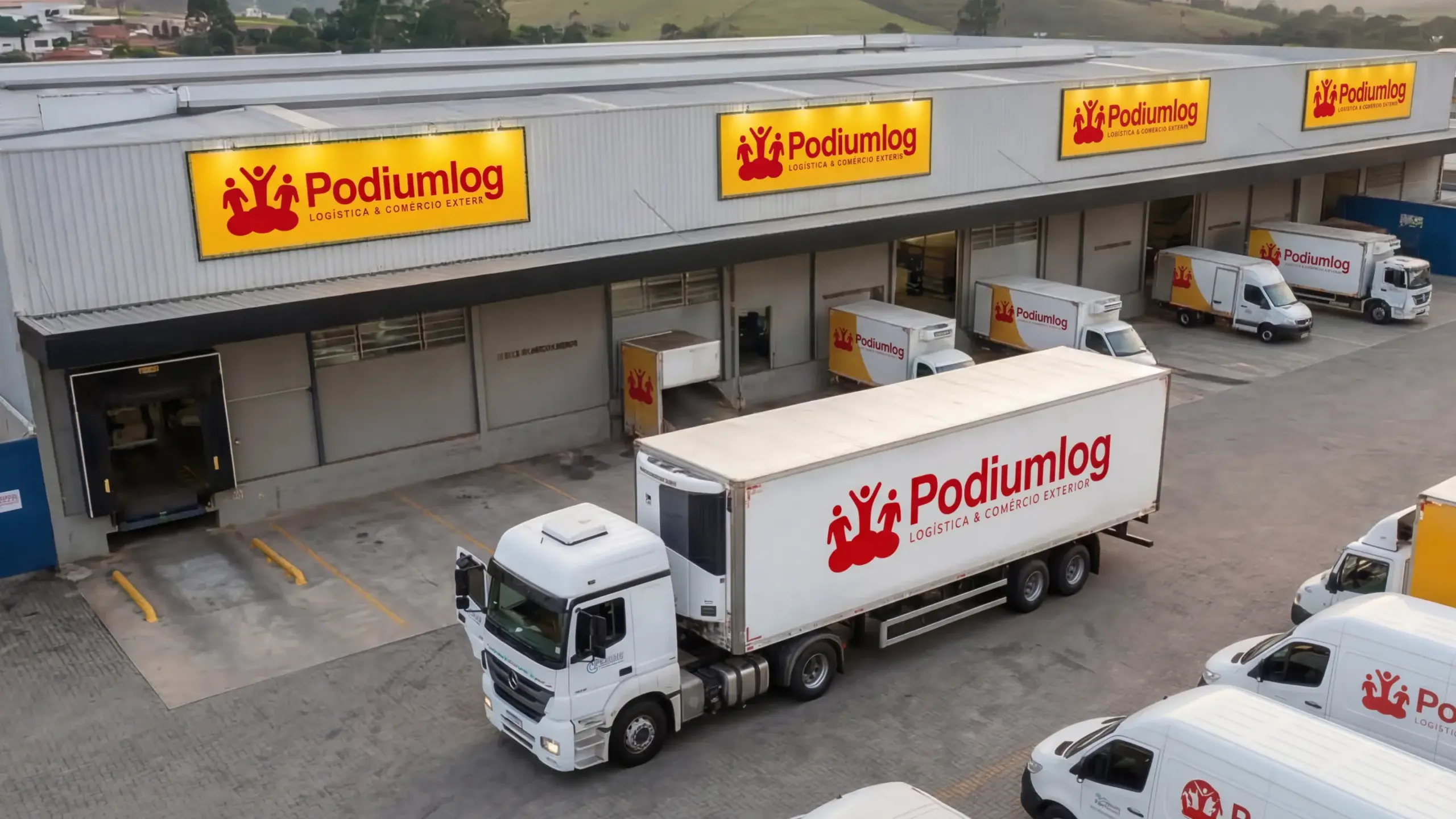 Centro logístico com caminhões realizando carregamento em doca de distribuição e transporte de cargas