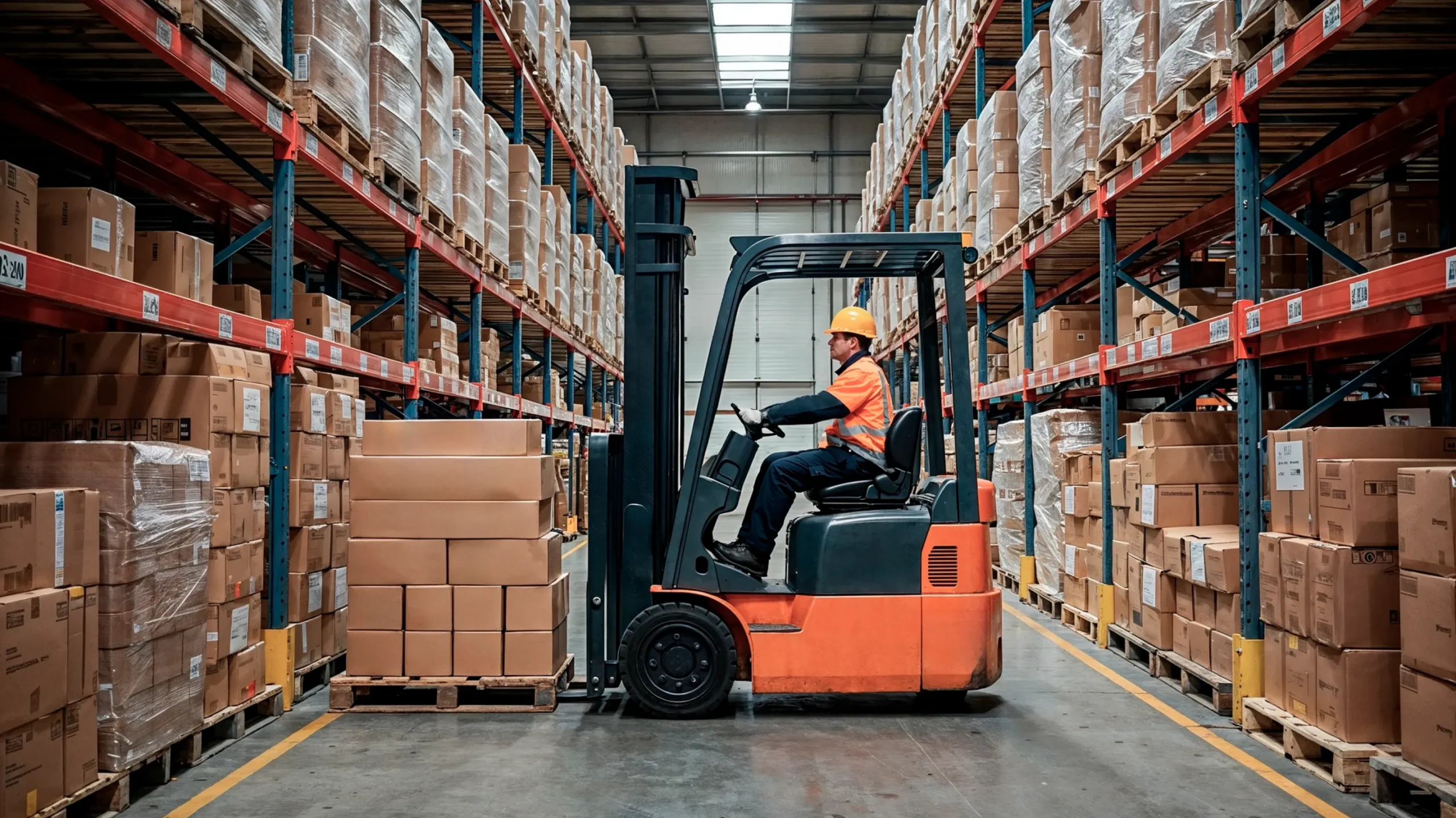 Movimentação de cargas com empilhadeira em armazém logístico com pallets organizados_1_5x