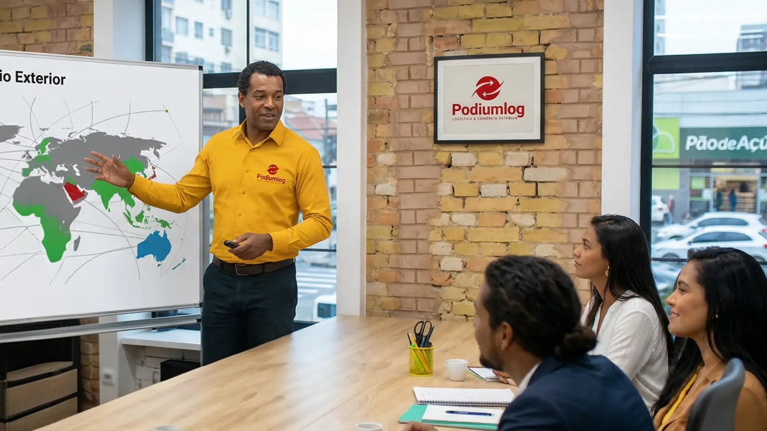 equipe de logística analisando exportação internacional com mapa e planejamento de rotas globais_1_5x