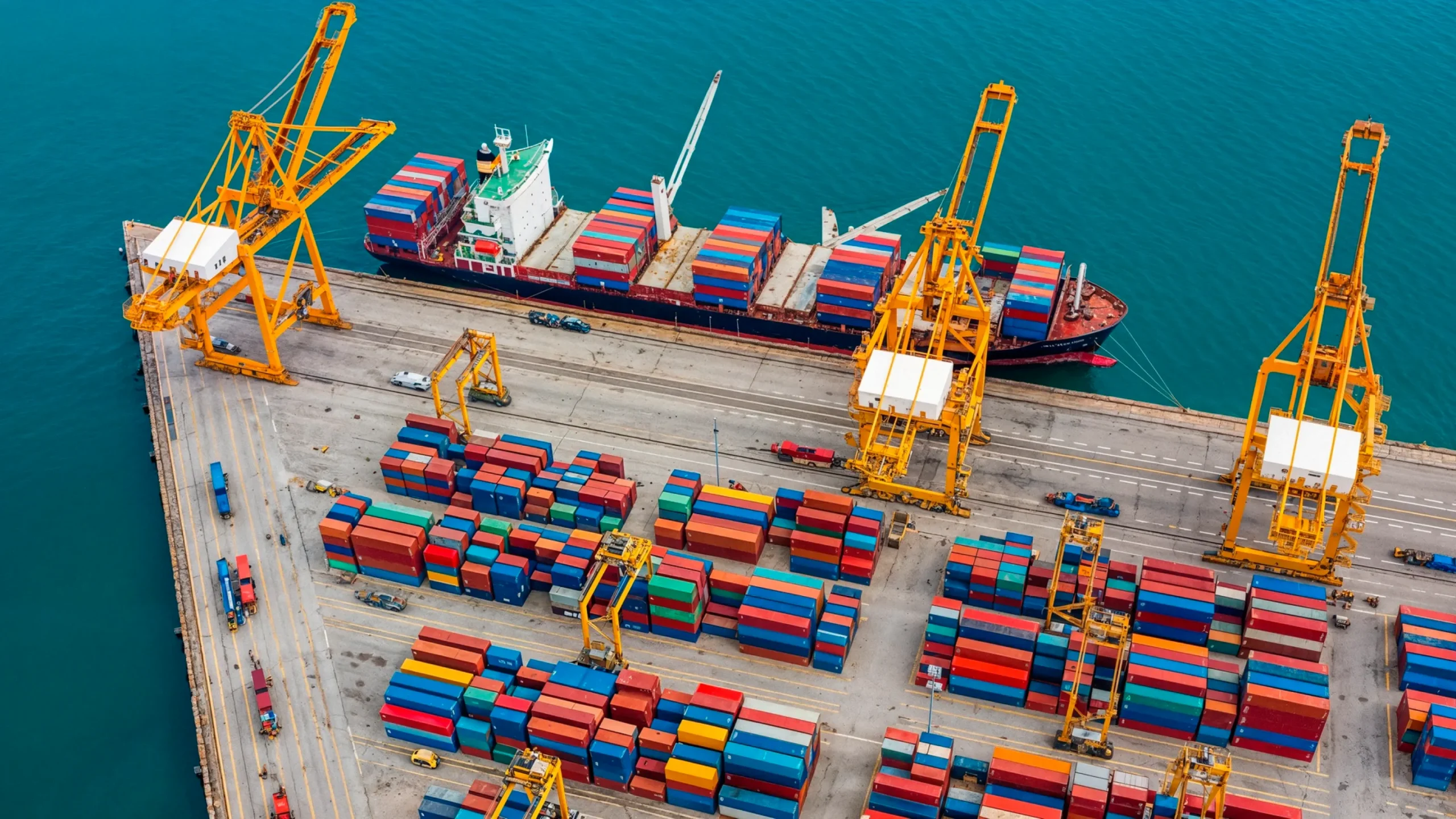 operações de importação em porto com containers sendo carregados por guindastes_1_5x